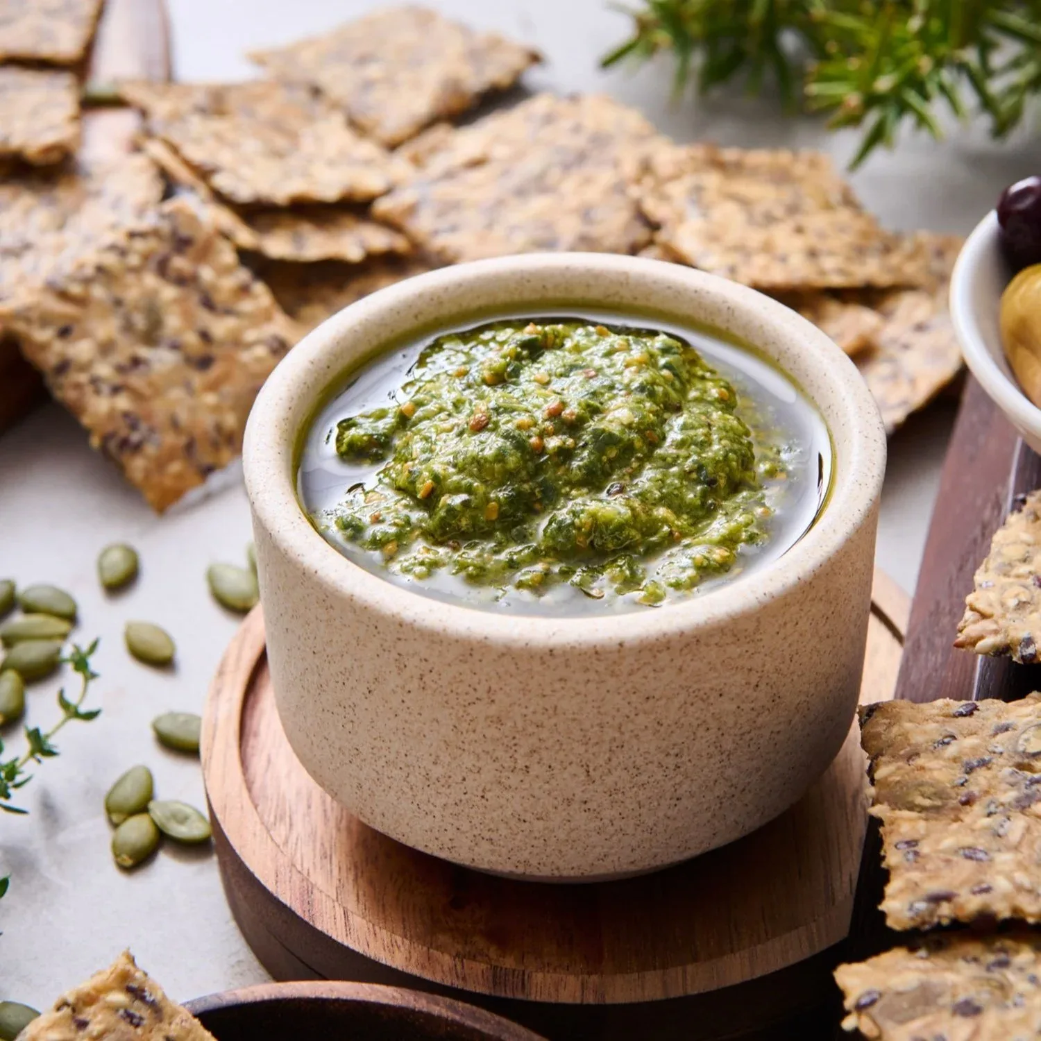 Fresh basil, cashew and parmesan pesto served with Mette is Baking crackers