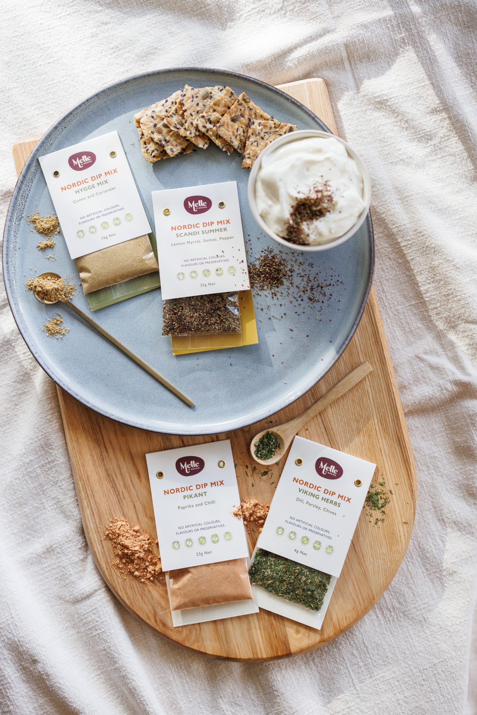 The four Nordic dip mixes: Hygge Mix, Scandi Summer, Pikant and Viking Herbs